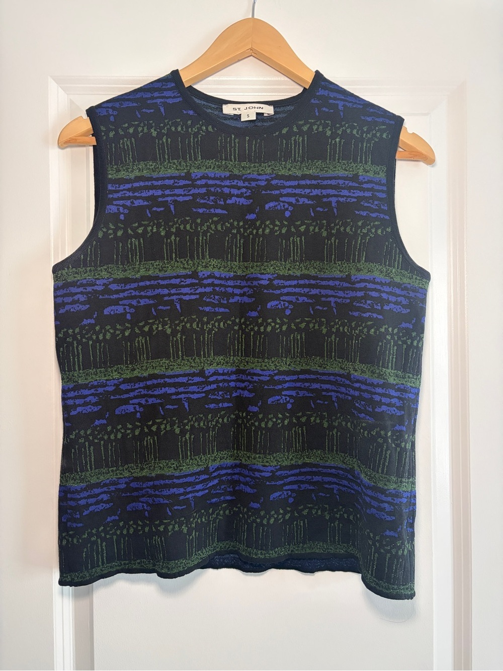 St. John | Vintage 90s Black Sleeveless Knit Top with Blue and Green Pattern